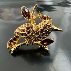 Vintage New Bird On Branch Brooch Pin Brown Rhinestones Gold Tone NWOT